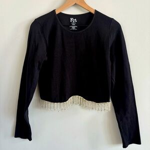 Women's Black Crop Top with Beaded Rhinestone Hem